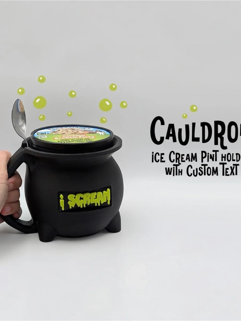 3D Printed Halloween Cauldron Ice Cream Pint Holder with Spoon Slot | “I Scream”